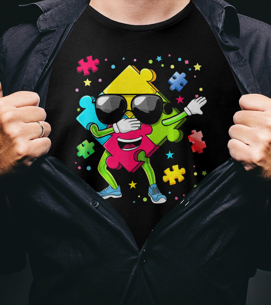 Dabbing Puzzle Piece Funny Autism Awareness Colorful T-Shirt