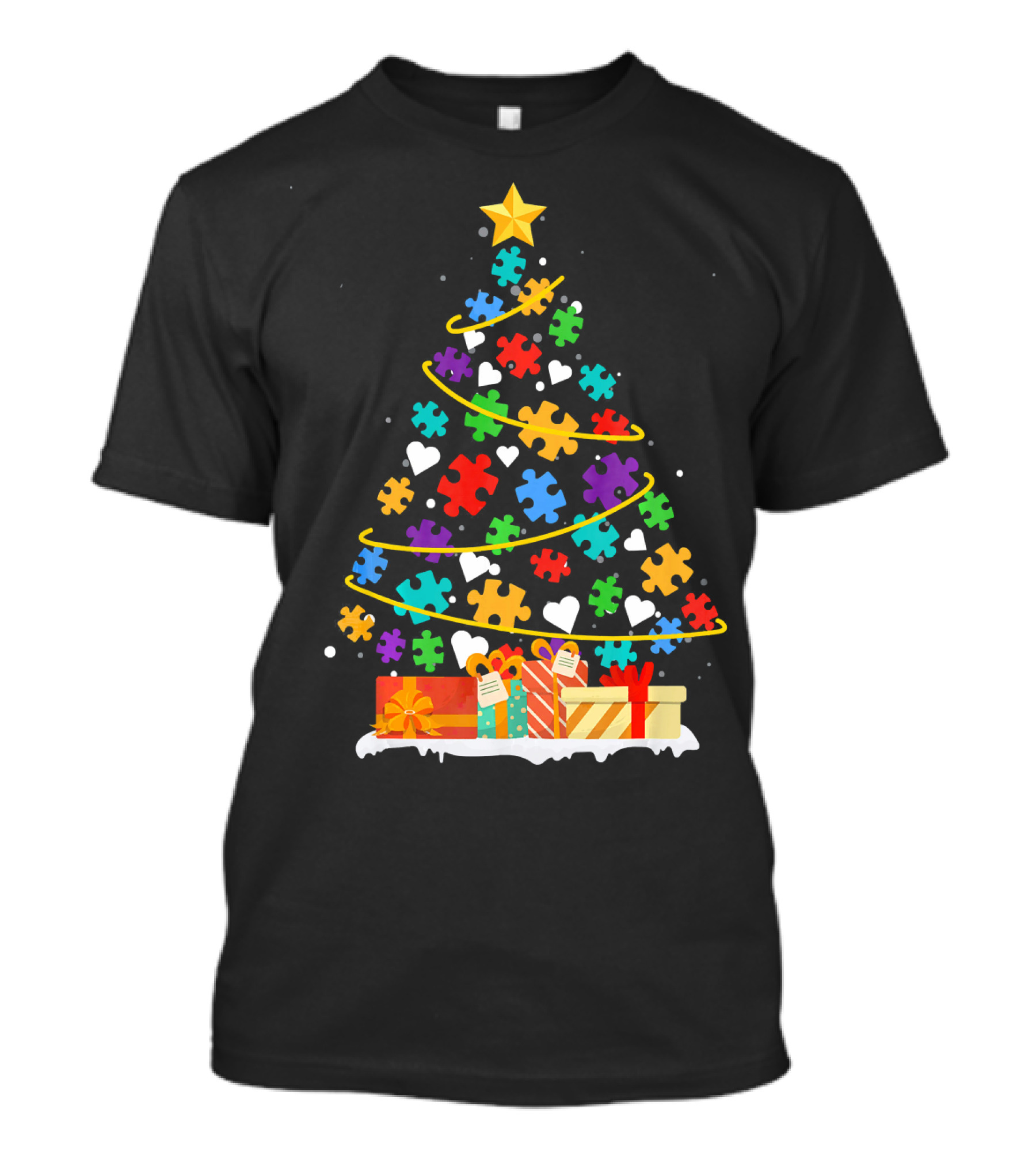 Autism Awareness Puzzle Piece Christmas Tree With Gifts And Hearts T-Shirt