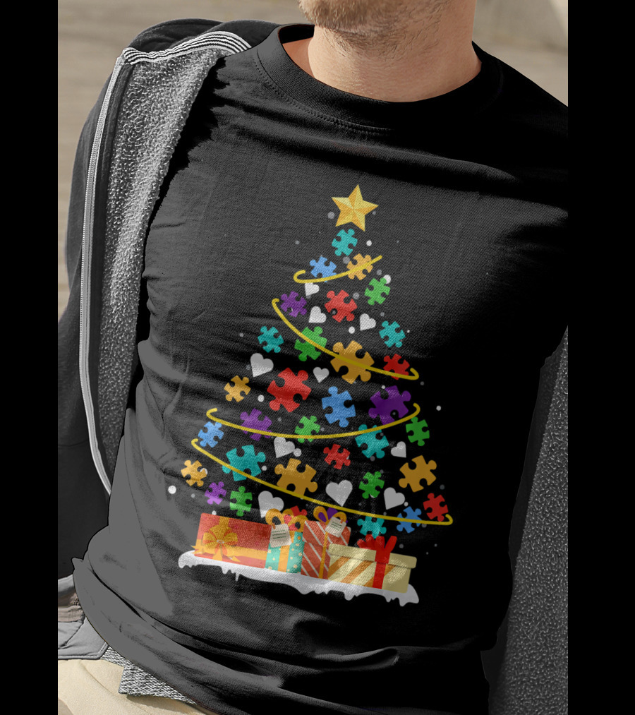 Autism Awareness Puzzle Piece Christmas Tree With Gifts And Hearts T-Shirt