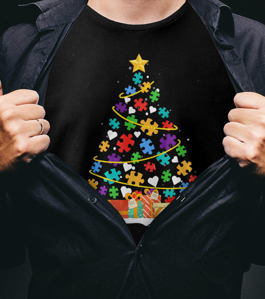 Autism Awareness Puzzle Piece Christmas Tree With Gifts And Hearts T-Shirt