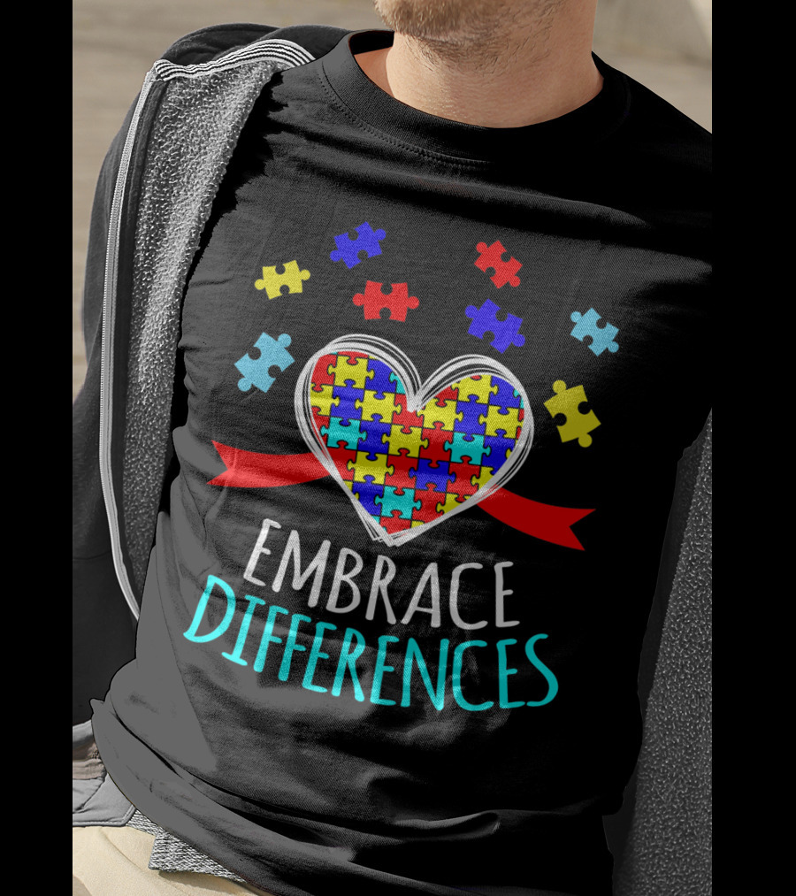 Embrace Differences Autism Awareness Heart Puzzle Pieces T-Shirt