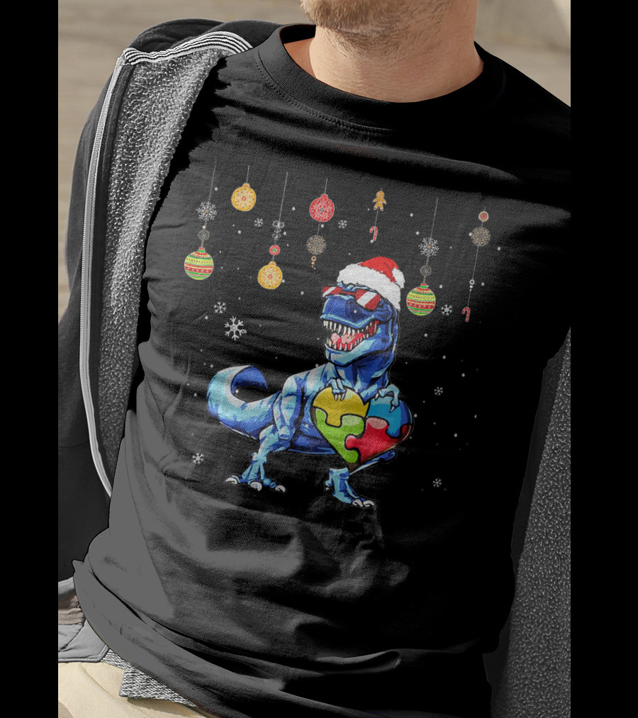 Christmas Dinosaur With Puzzle Heart And Santa Hat T-Shirt