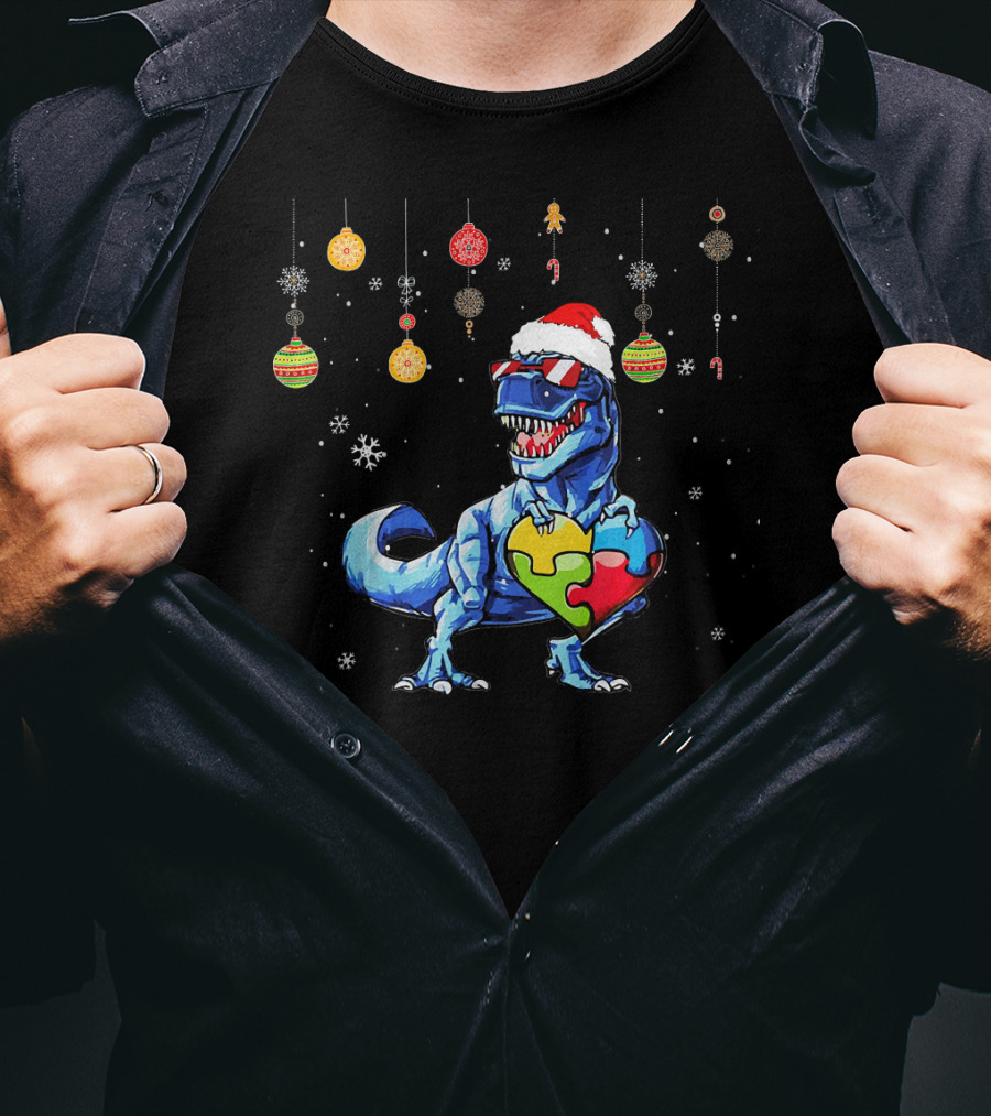 Christmas Dinosaur With Puzzle Heart And Santa Hat T-Shirt