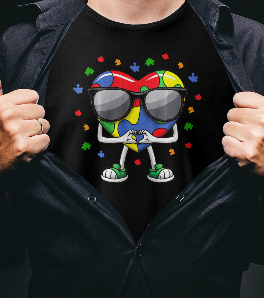 Autism Awareness Month Colorful Puzzle Heart With Sunglasses And Love Gesture T-Shirt