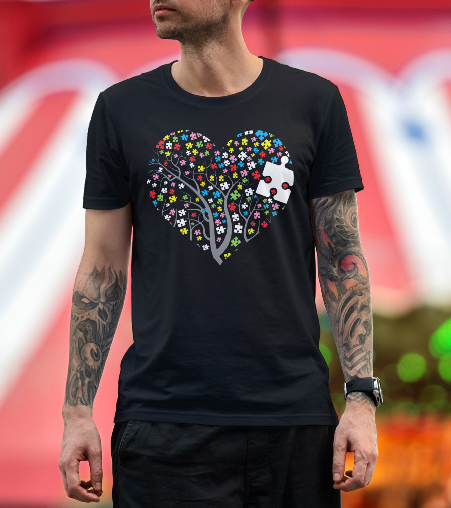 Autism Puzzle Heart Tree with Colorful Pieces T-Shirt