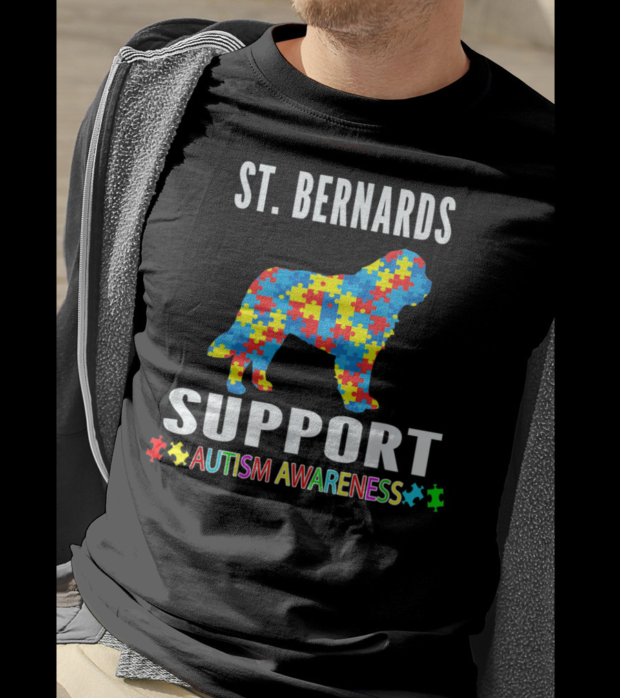 St. Bernards Support Autism Awareness Puzzle Piece Dog T-Shirt