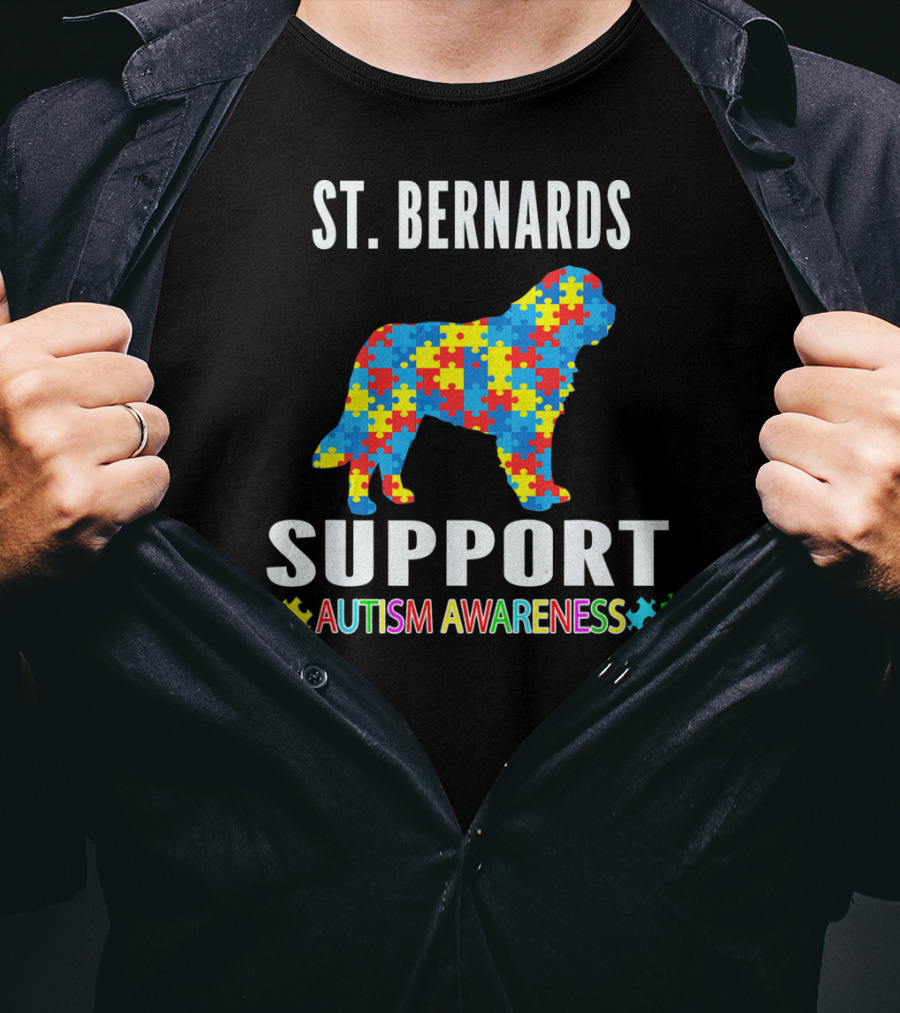 St. Bernards Support Autism Awareness Puzzle Piece Dog T-Shirt