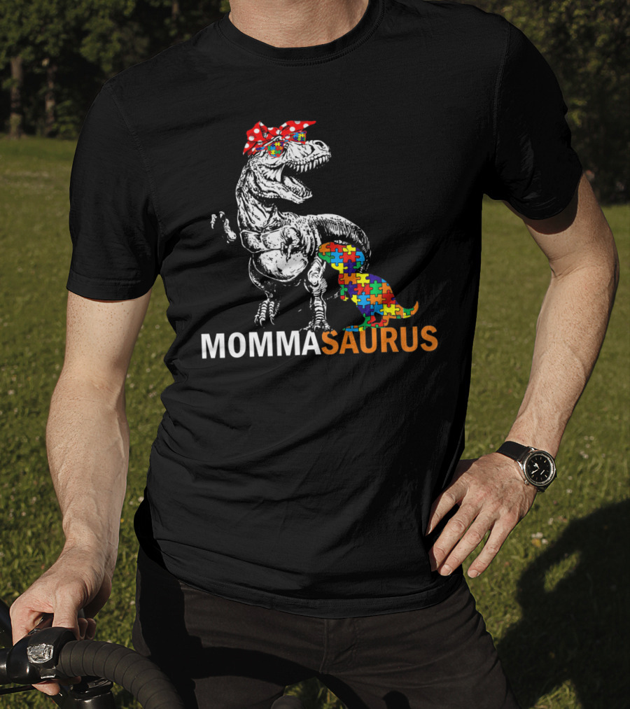 Momma Saurus Dinosaur With Autism Puzzle T-Shirt