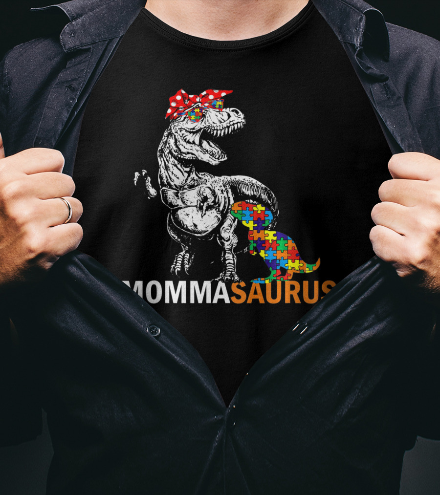 Momma Saurus Dinosaur With Autism Puzzle T-Shirt