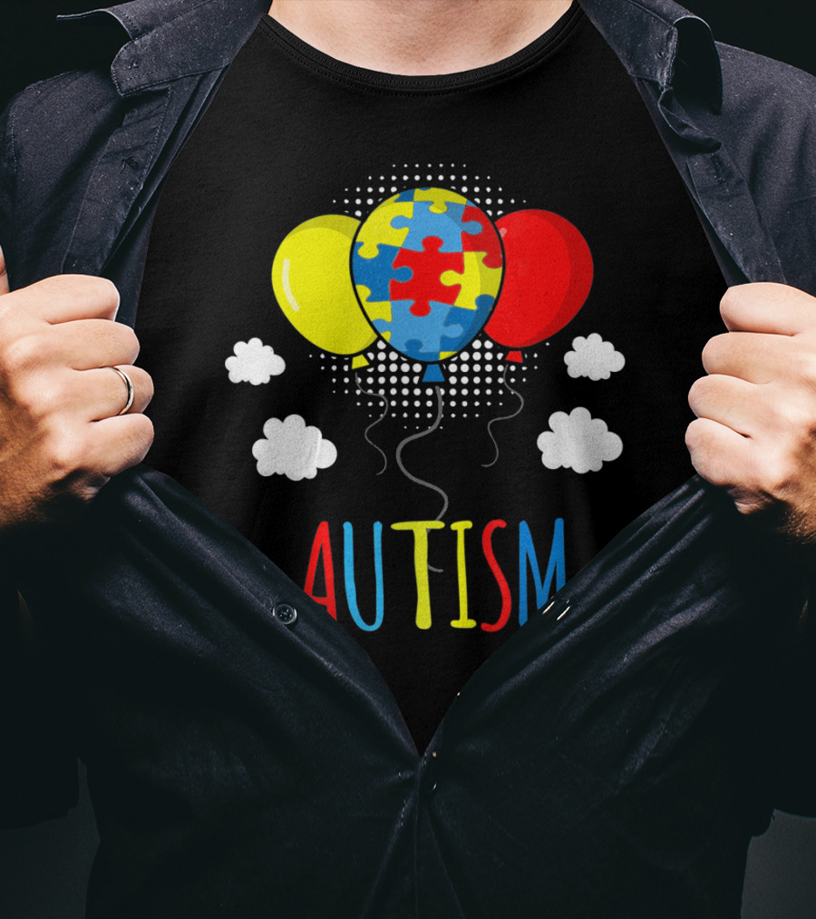 Autism Awareness Puzzle Piece Balloons With Colorful Clouds T-Shirt