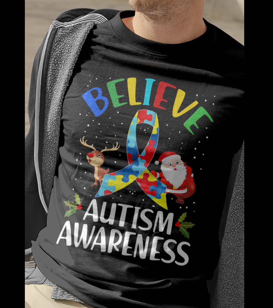 Believe Autism Awareness Santa Reindeer Puzzle Christmas T-Shirt