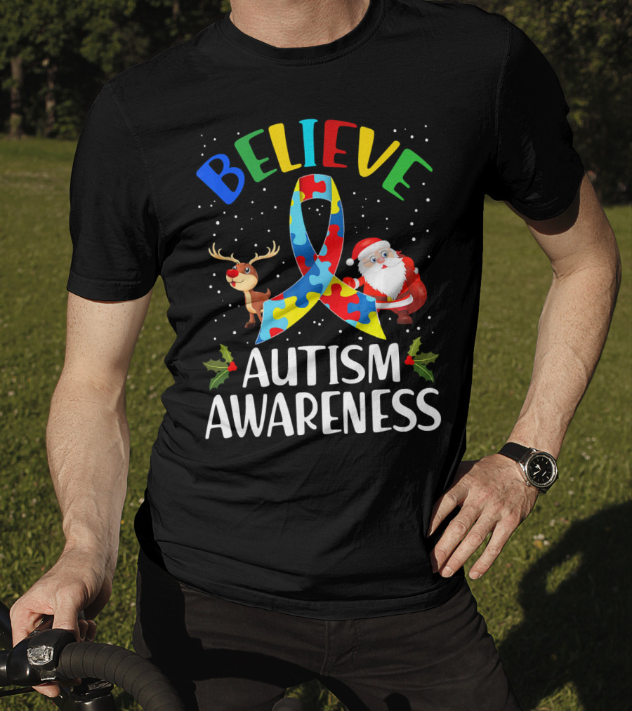 Believe Autism Awareness Santa Reindeer Puzzle Christmas T-Shirt
