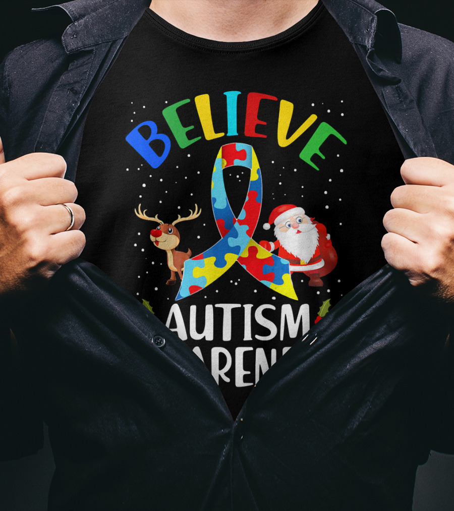 Believe Autism Awareness Santa Reindeer Puzzle Christmas T-Shirt