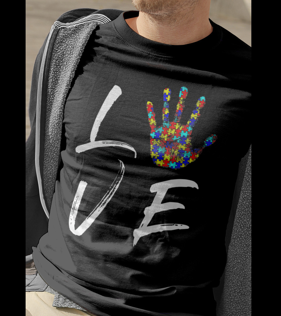 Love Autism Awareness Puzzle Hand T-Shirt