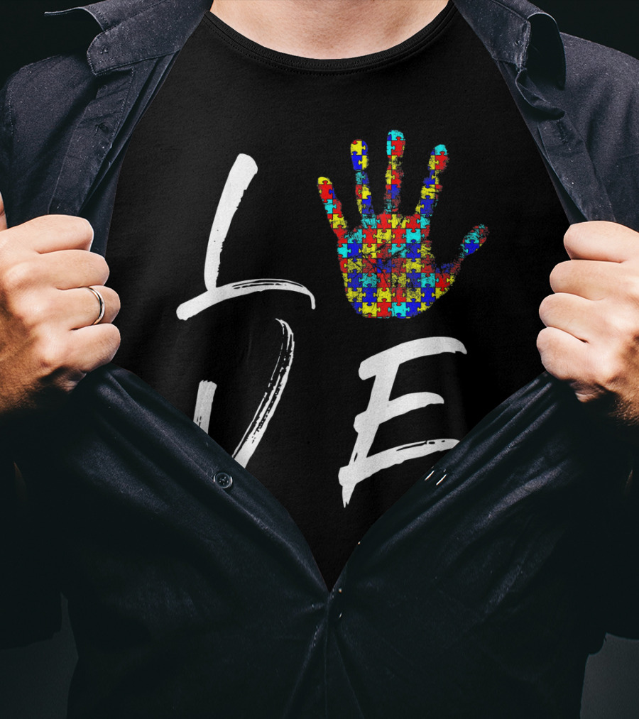 Love Autism Awareness Puzzle Hand T-Shirt