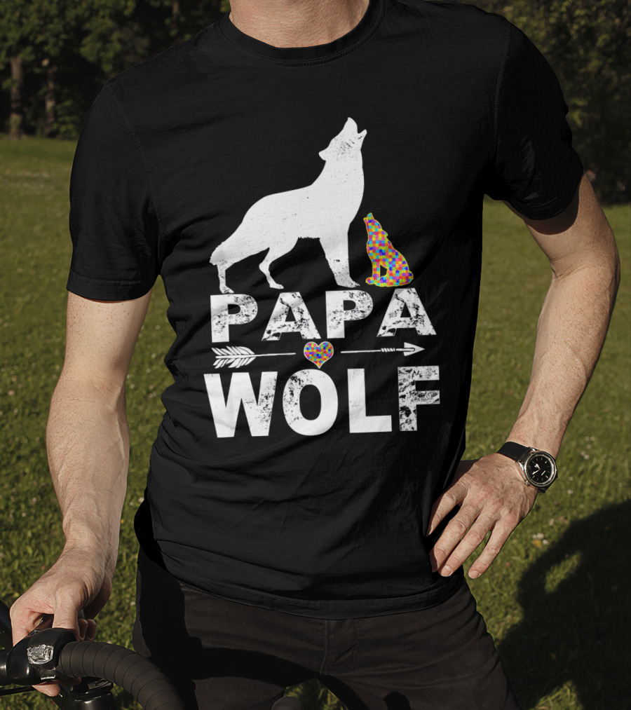 Papa Wolf Autism Awareness Puzzle Heart And Howling Pups T-Shirt