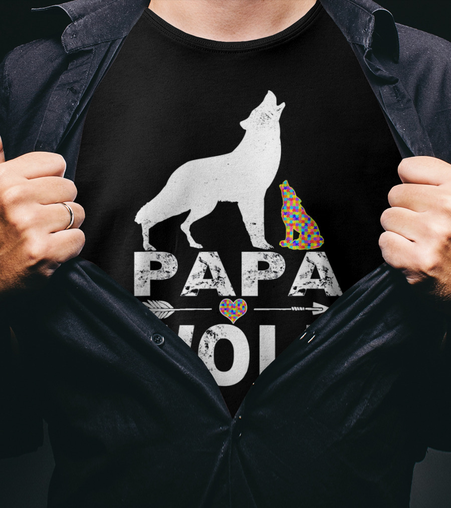 Papa Wolf Autism Awareness Puzzle Heart And Howling Pups T-Shirt