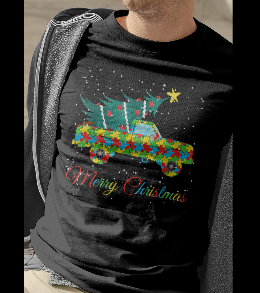 Merry Christmas Puzzle Pickup Truck With Tree Autism Awareness T-Shirt