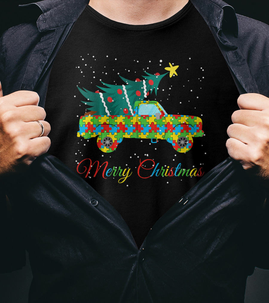 Merry Christmas Puzzle Pickup Truck With Tree Autism Awareness T-Shirt