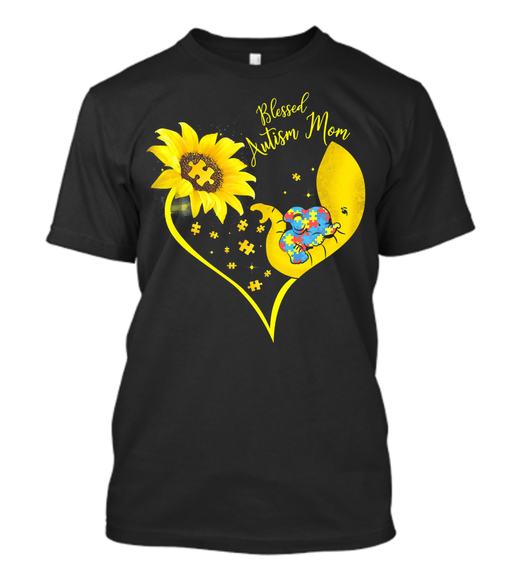 Blessed Autism Mom Sunflower Elephant Puzzle Heart T-Shirt