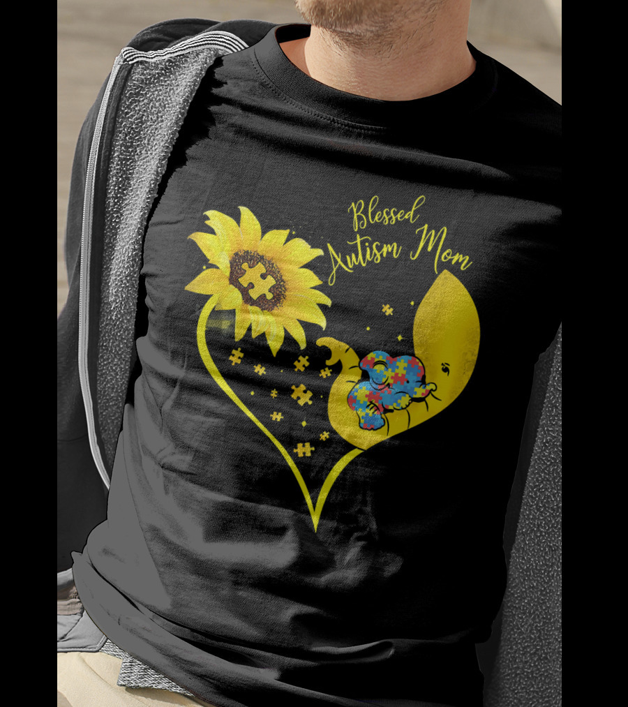 Blessed Autism Mom Sunflower Elephant Puzzle Heart T-Shirt