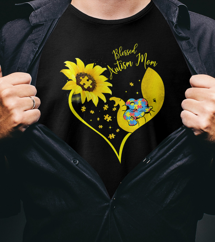 Blessed Autism Mom Sunflower Elephant Puzzle Heart T-Shirt