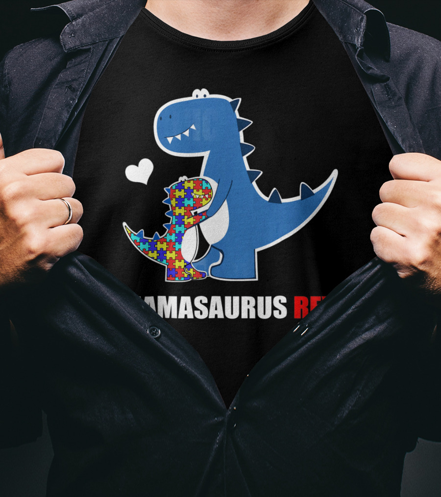 Mamasaurus Rex Autism Awareness Puzzle Heart T-Shirt