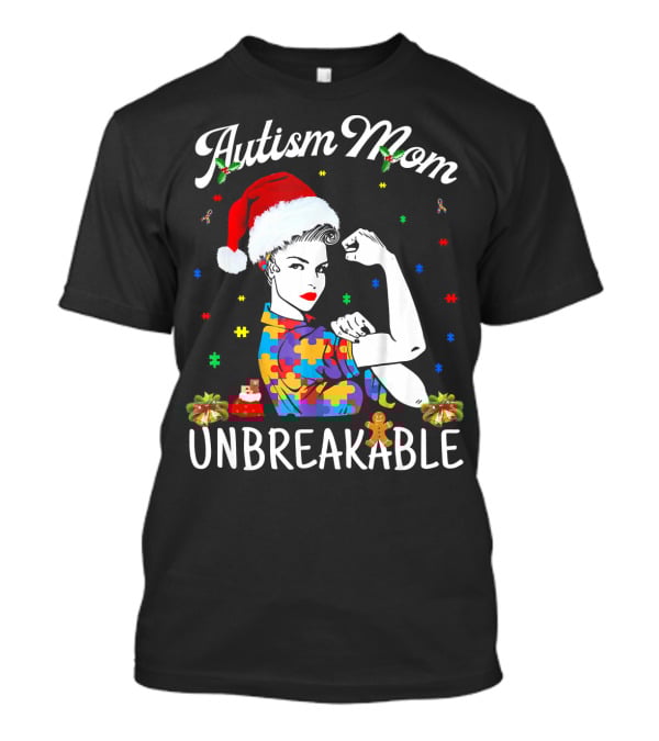 Autism Mom Unbreakable Santa Christmas Pride Puzzle Pieces T-Shirt