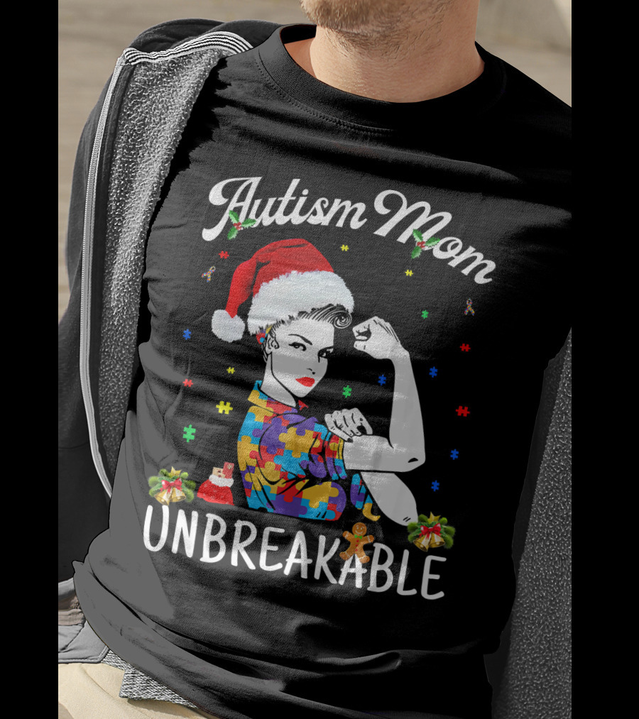 Autism Mom Unbreakable Santa Christmas Pride Puzzle Pieces T-Shirt