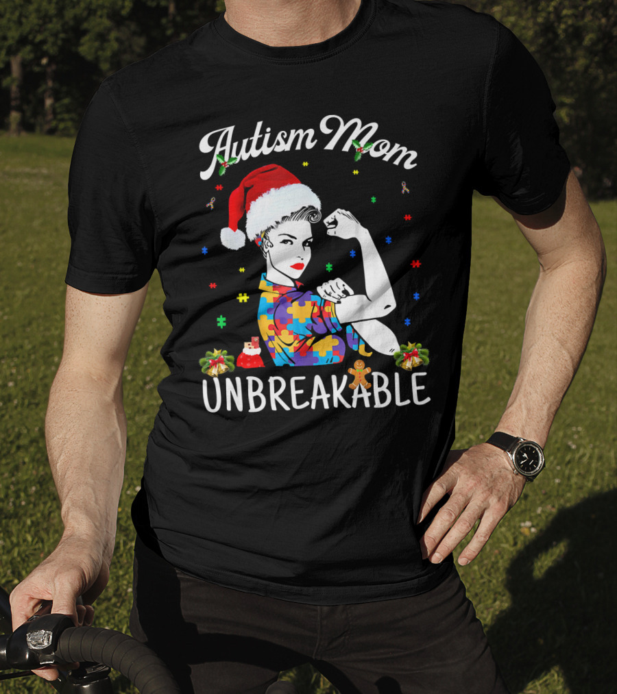 Autism Mom Unbreakable Santa Christmas Pride Puzzle Pieces T-Shirt