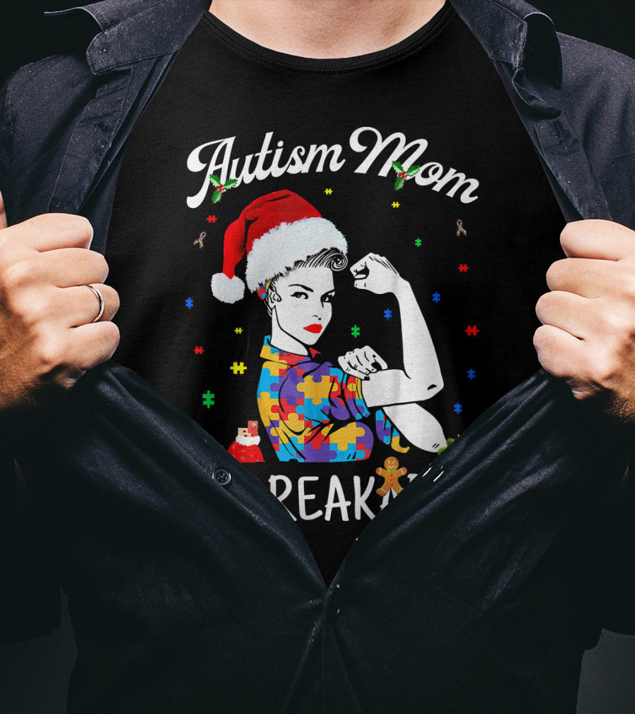 Autism Mom Unbreakable Santa Christmas Pride Puzzle Pieces T-Shirt