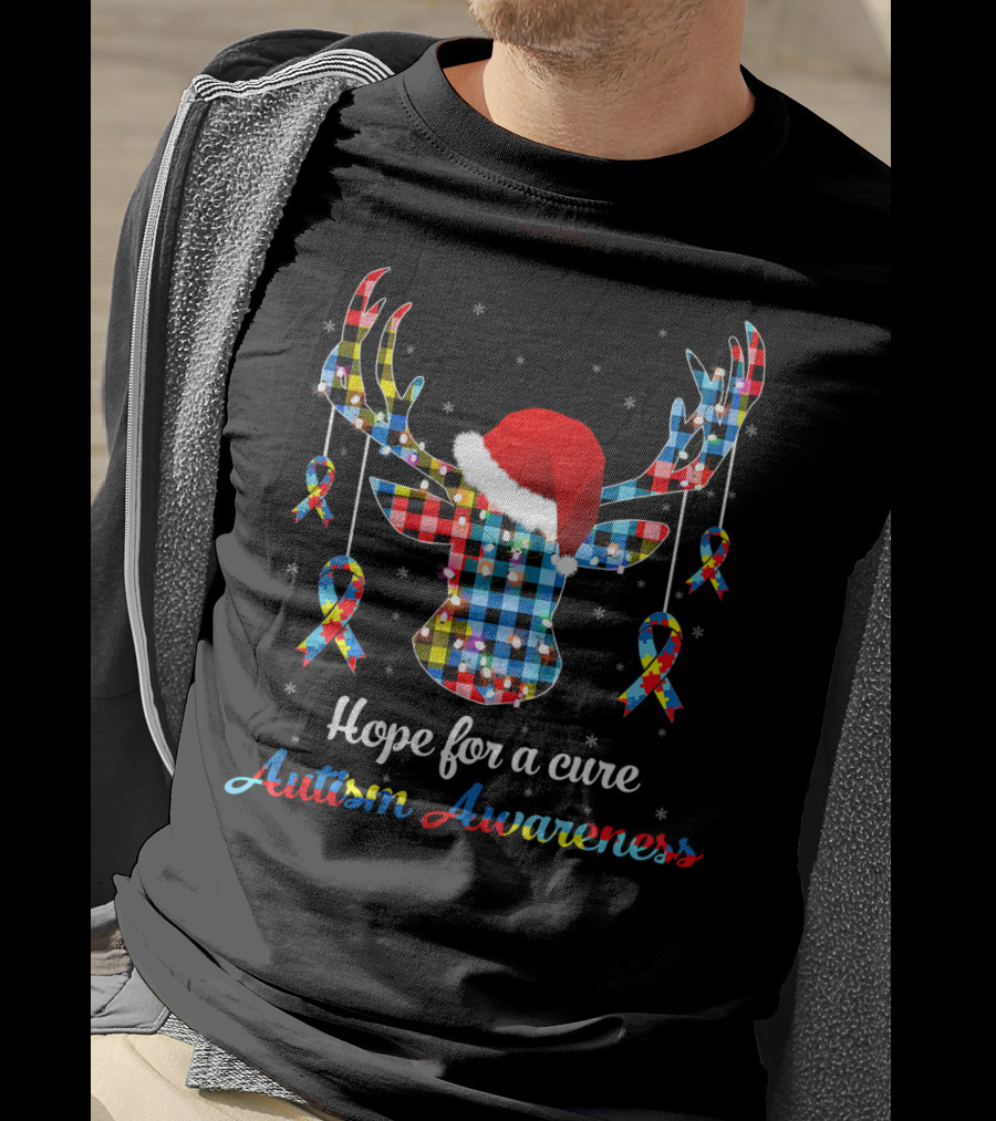 Hope For A Cure Autism Awareness Reindeer Plaid Santa Hat Ribbons T-Shirt