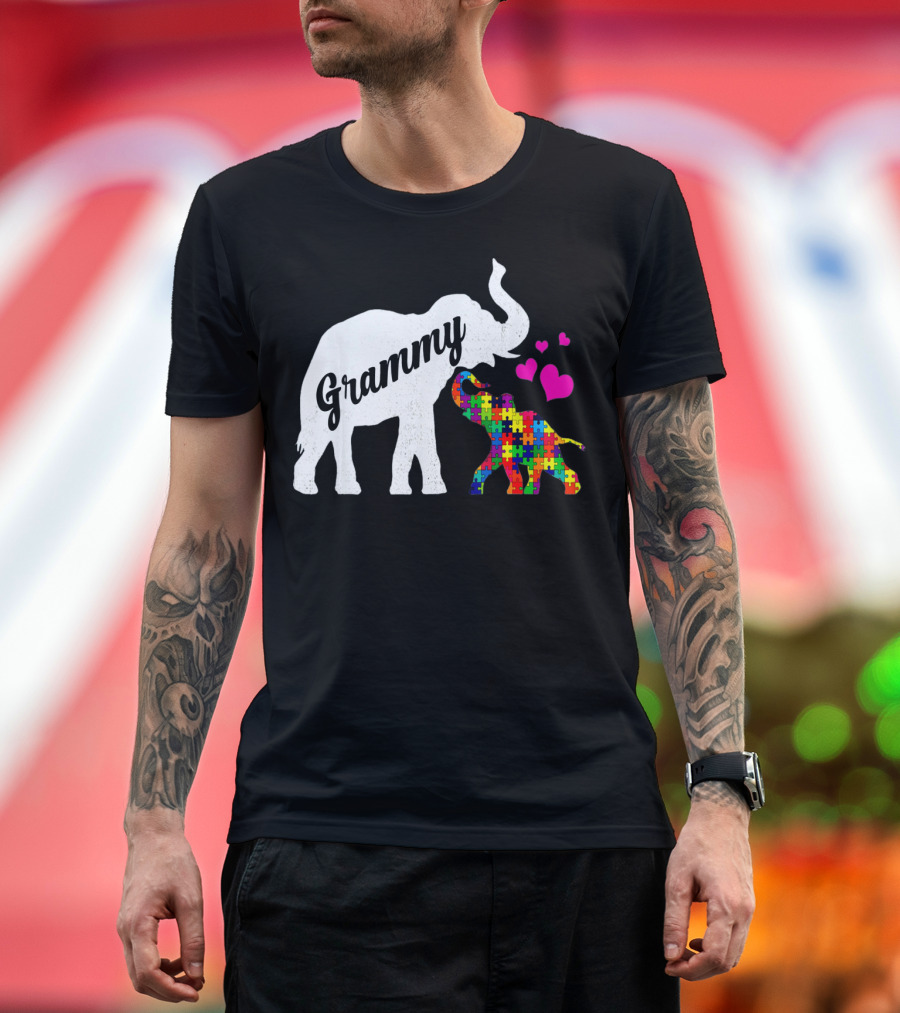 Grammy Elephant With Colorful Puzzle Piece Baby And Hearts For Autism Awareness T-Shirt