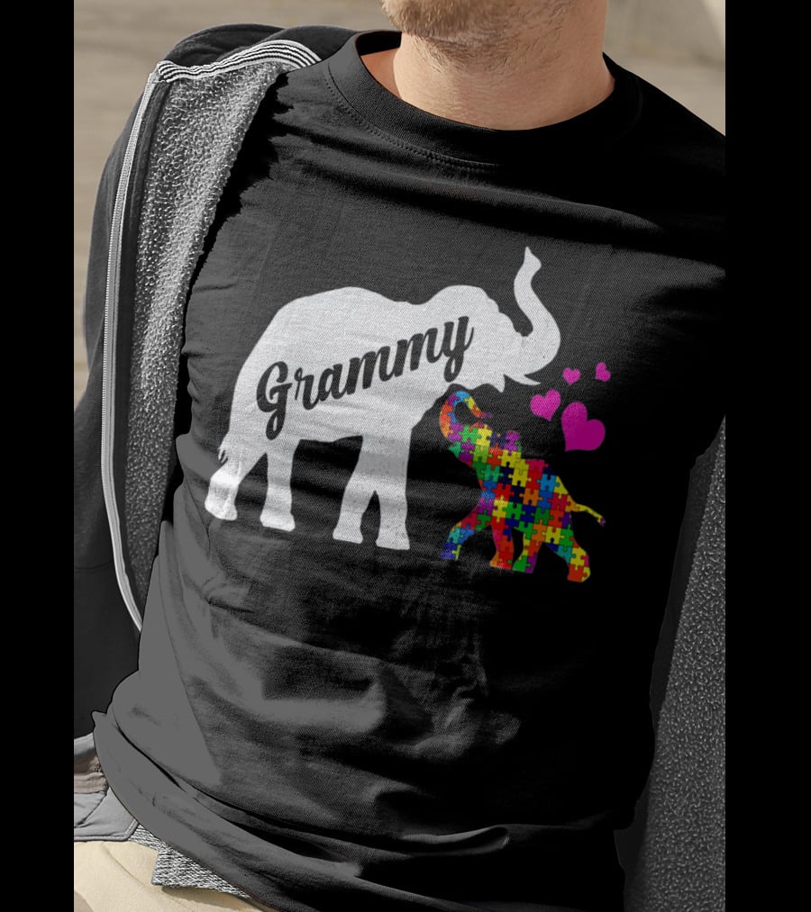 Grammy Elephant With Colorful Puzzle Piece Baby And Hearts For Autism Awareness T-Shirt
