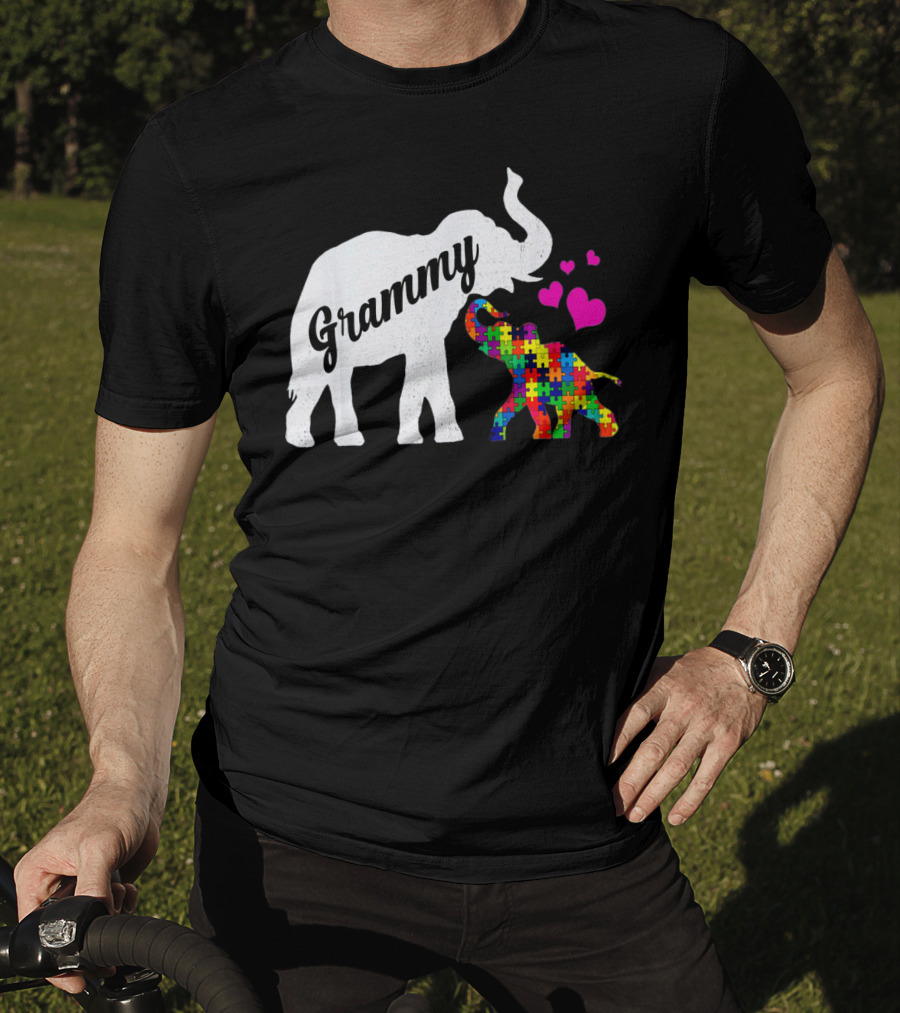 Grammy Elephant With Colorful Puzzle Piece Baby And Hearts For Autism Awareness T-Shirt