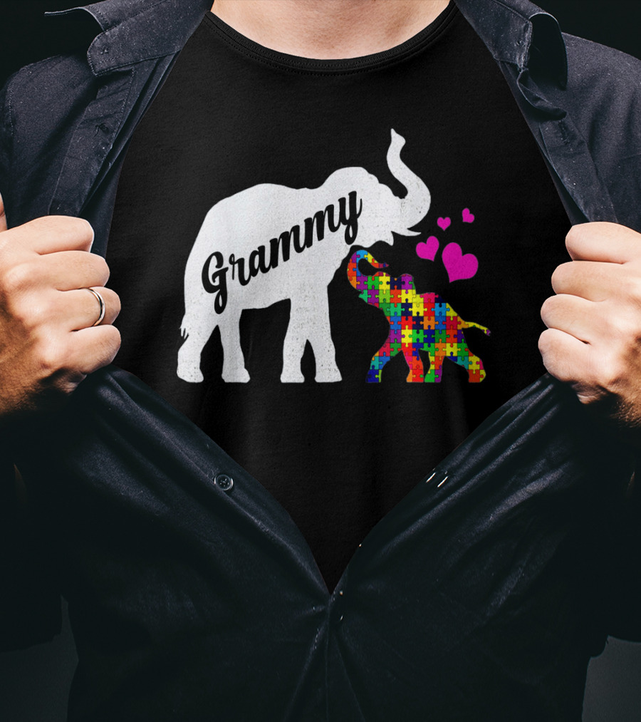 Grammy Elephant With Colorful Puzzle Piece Baby And Hearts For Autism Awareness T-Shirt