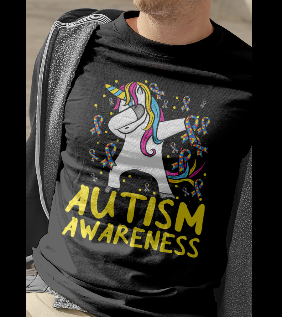 Dabbing Unicorn Puzzle Ribbon Autism Awareness T-Shirt