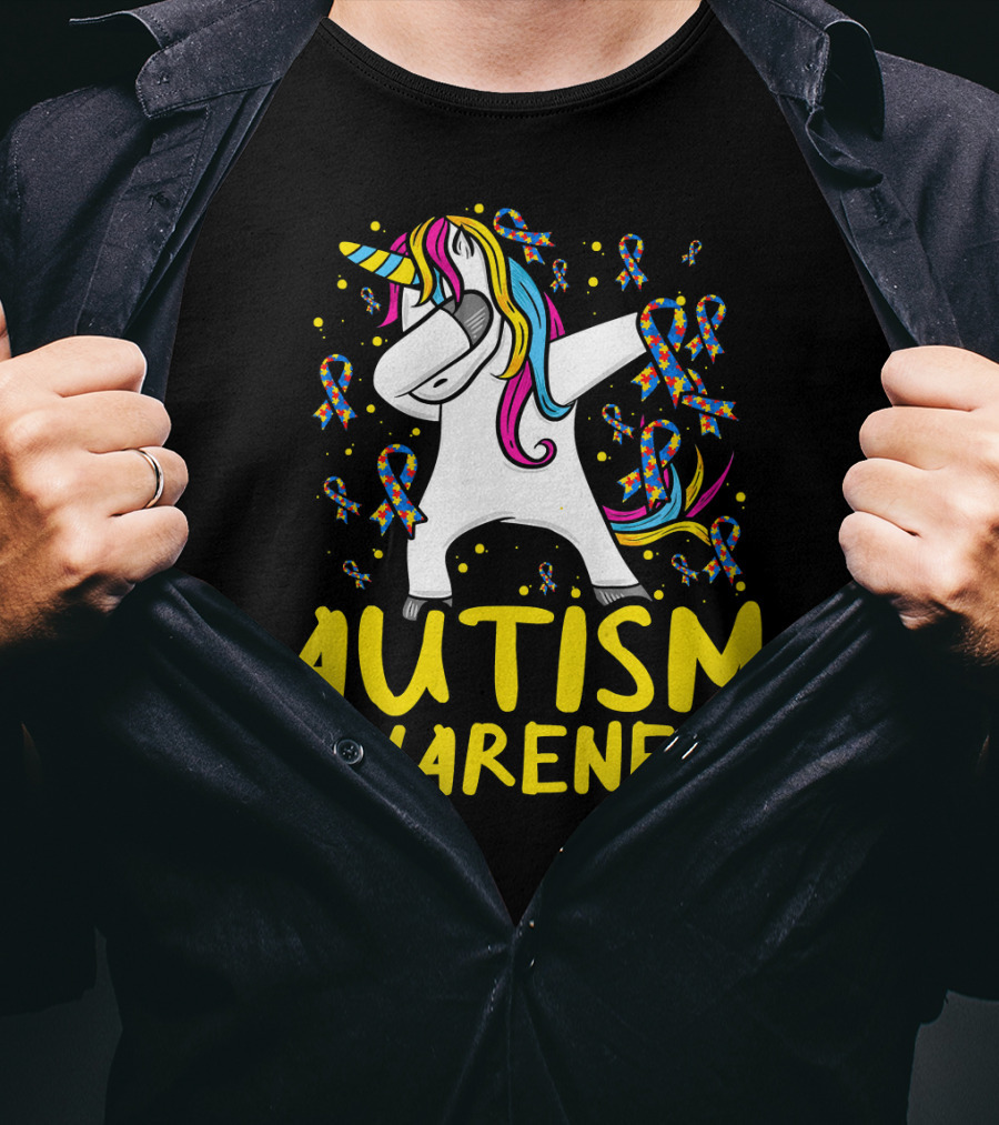 Dabbing Unicorn Puzzle Ribbon Autism Awareness T-Shirt