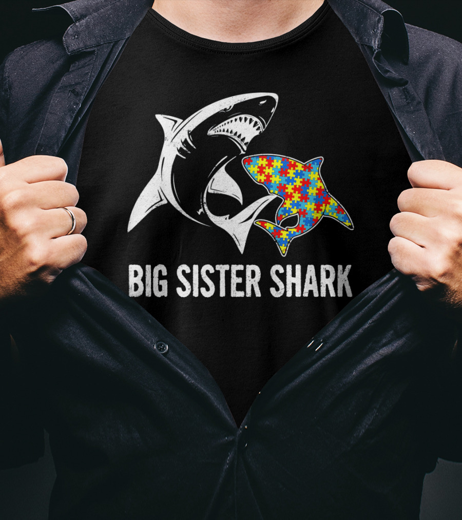 Big Sister Shark Autism Puzzle Piece Awareness T-Shirt