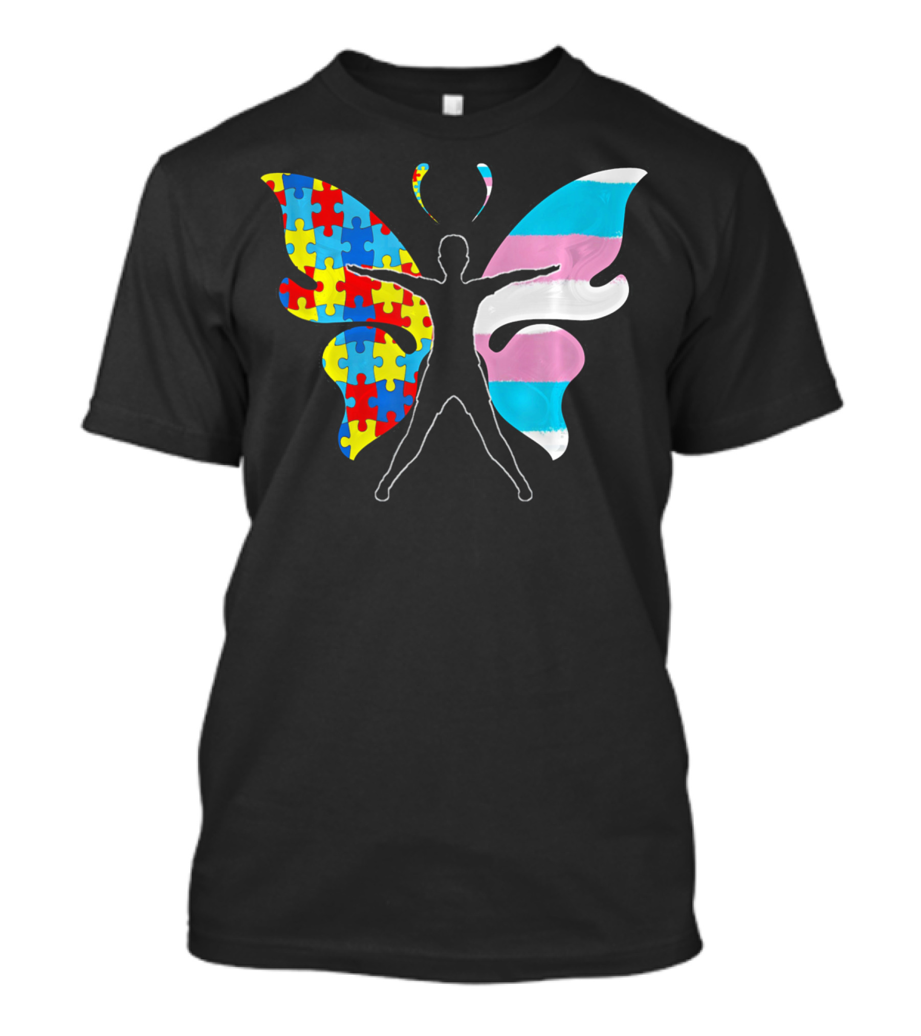 Autism Awareness Puzzle Butterfly With Transgender Flag Wings T-Shirt