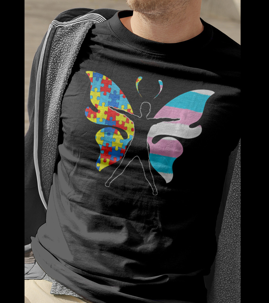 Autism Awareness Puzzle Butterfly With Transgender Flag Wings T-Shirt
