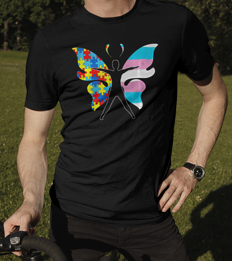 Autism Awareness Puzzle Butterfly With Transgender Flag Wings T-Shirt
