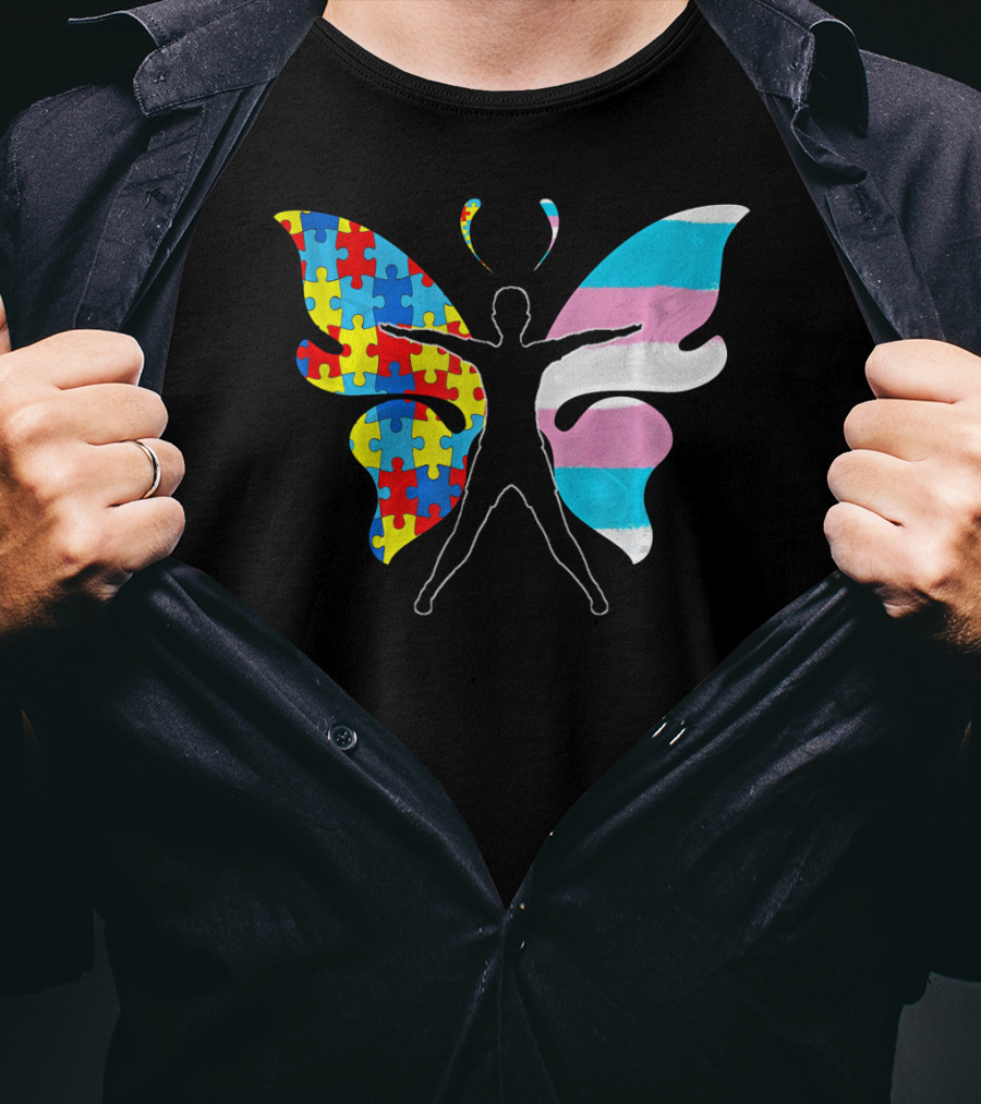 Autism Awareness Puzzle Butterfly With Transgender Flag Wings T-Shirt