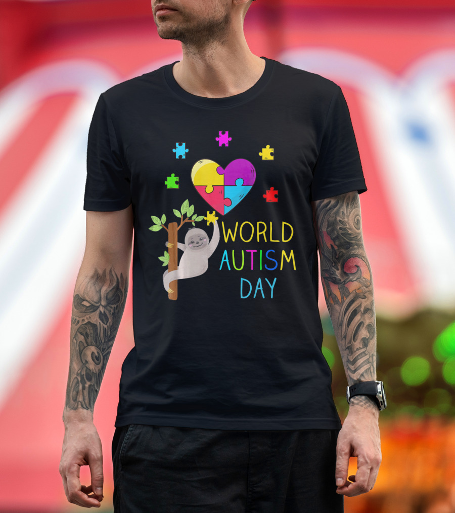 World Autism Day Sloth Heart Puzzle Pieces T-Shirt