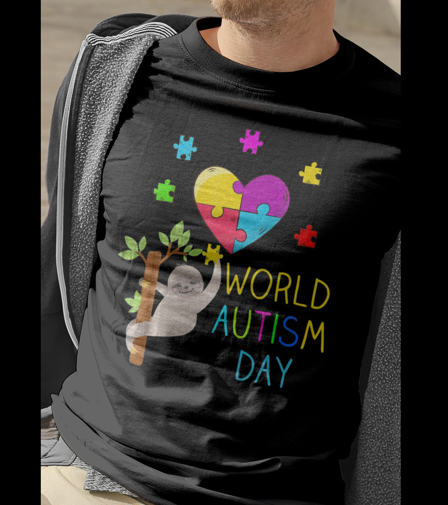 World Autism Day Sloth Heart Puzzle Pieces T-Shirt