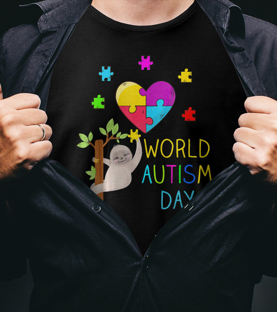 World Autism Day Sloth Heart Puzzle Pieces T-Shirt