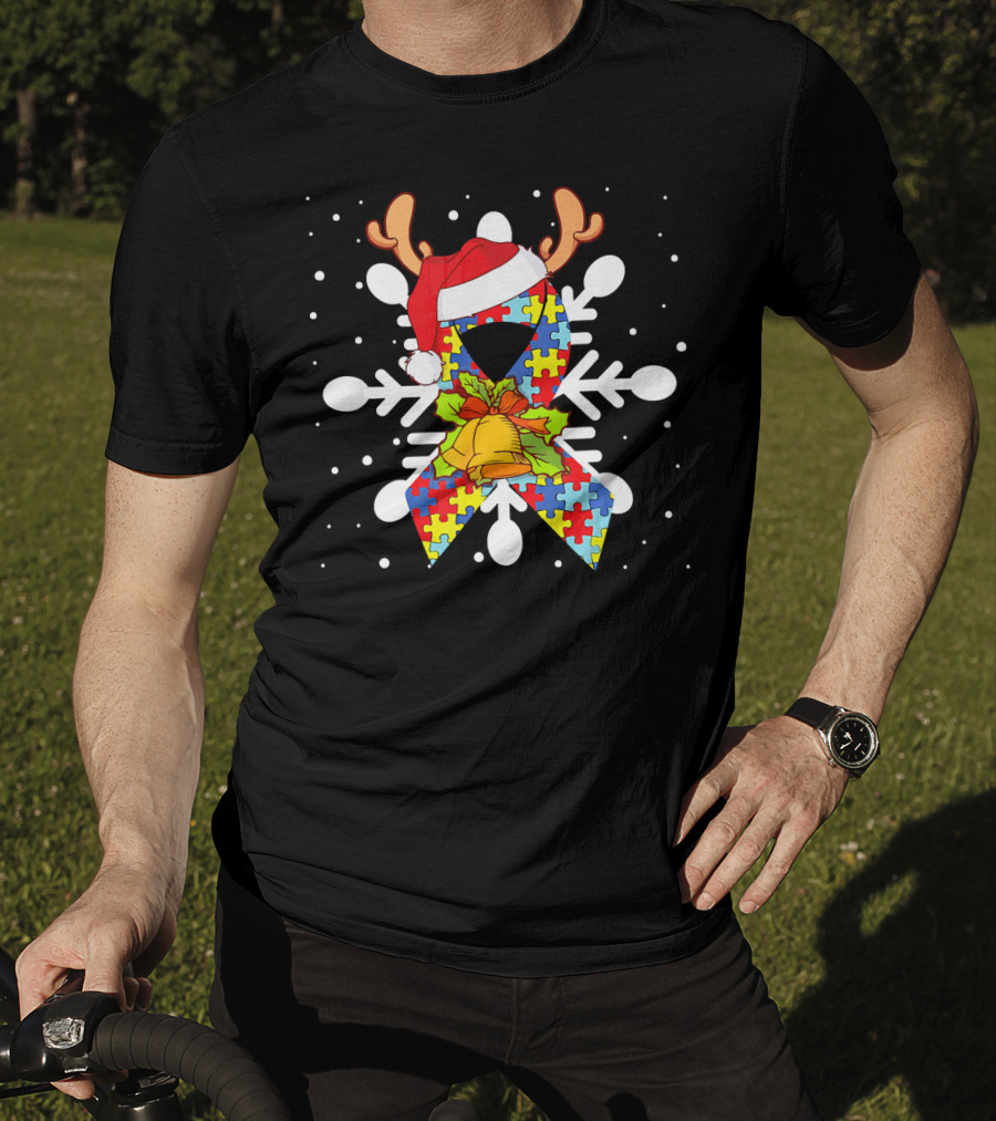 Snowflake Puzzle Ribbon With Santa Hat And Autism Awareness T-Shirt