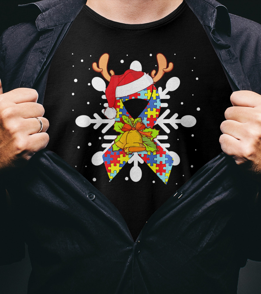 Snowflake Puzzle Ribbon With Santa Hat And Autism Awareness T-Shirt