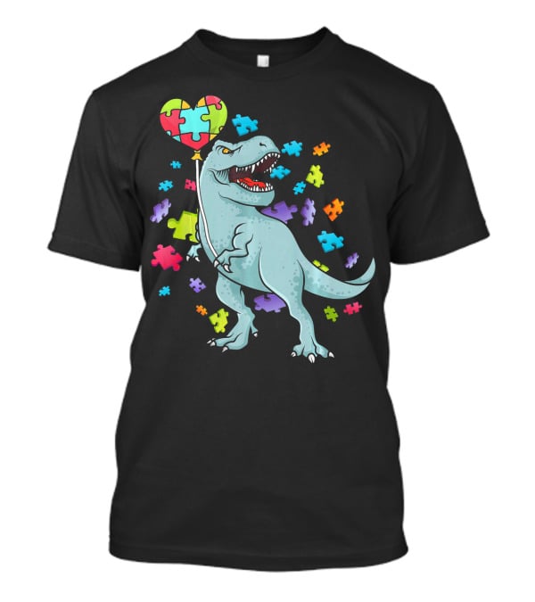 Autism Awareness Dinosaur With Puzzle Heart Balloon And Colorful Puzzle Pieces T-Shirt
