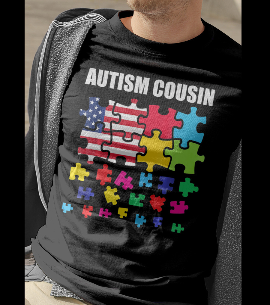 Autism Cousin Puzzle Pieces USA Flag Autism Awareness T-Shirt